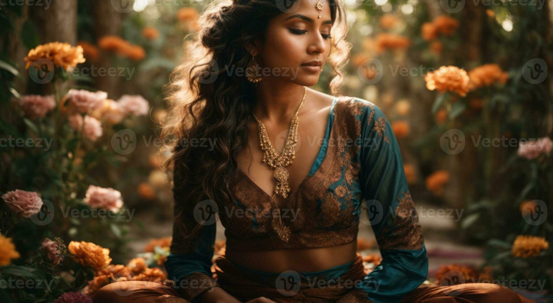 ai generado hermosa espiritual meditación en indio templo por atractivo joven mujer foto