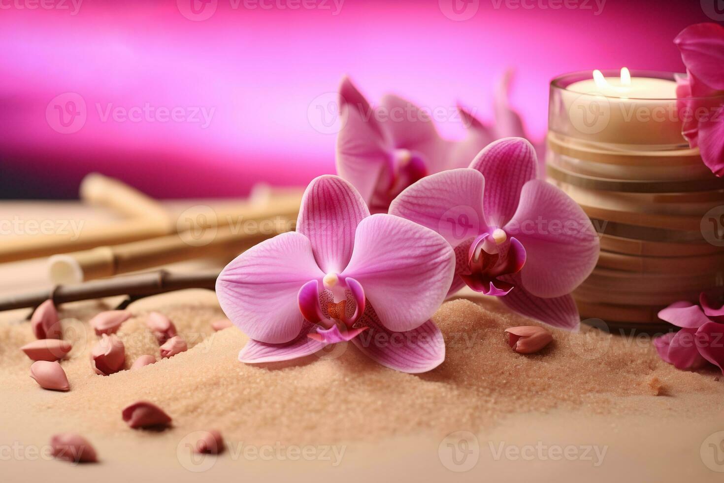 AI Generated Luxurious upscale wellness spa for relaxation with lotus, bamboo and orchid flowers and candles photo