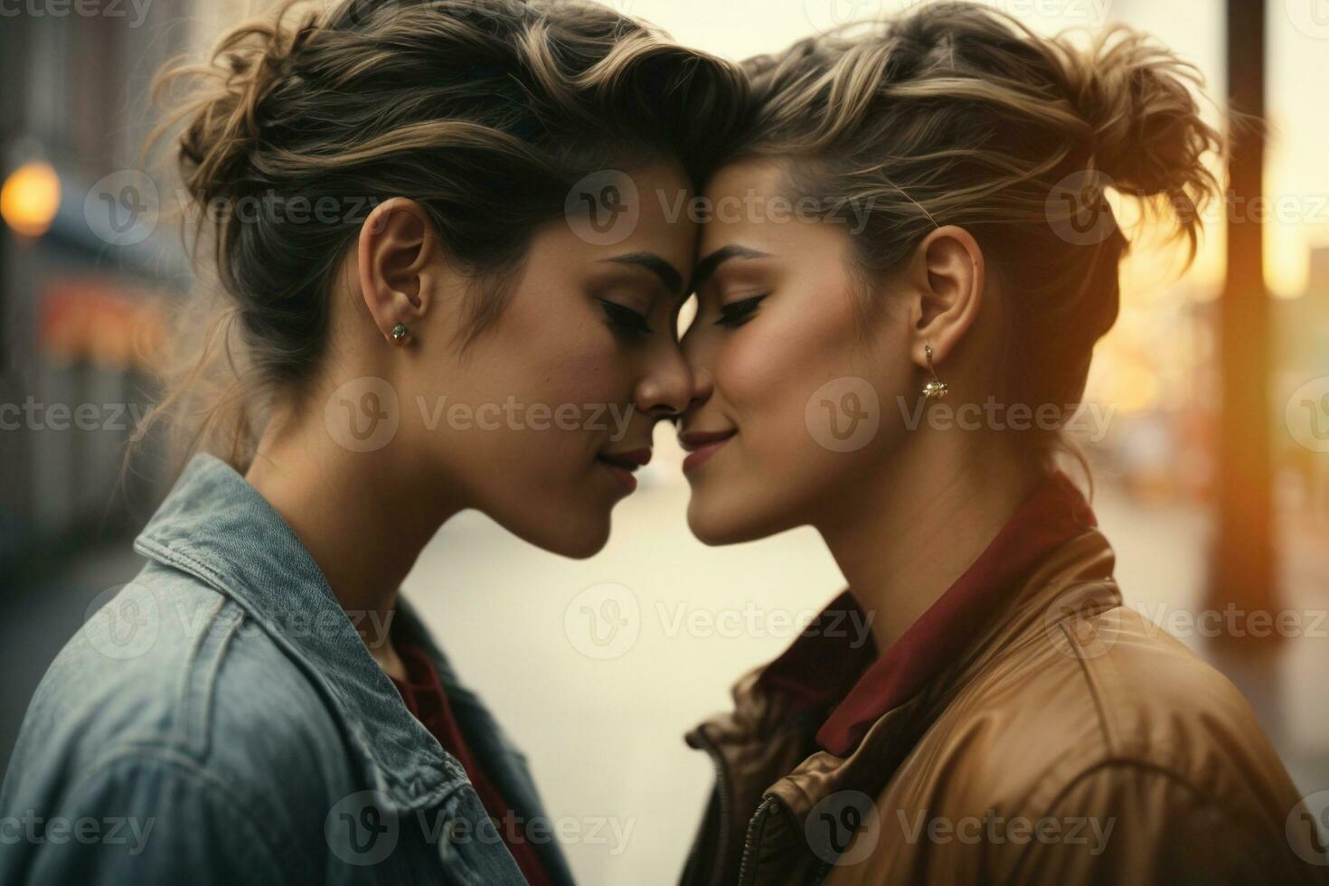 Happy lesbian gay LGBTQ same sex couple showing love and affection to each other photo