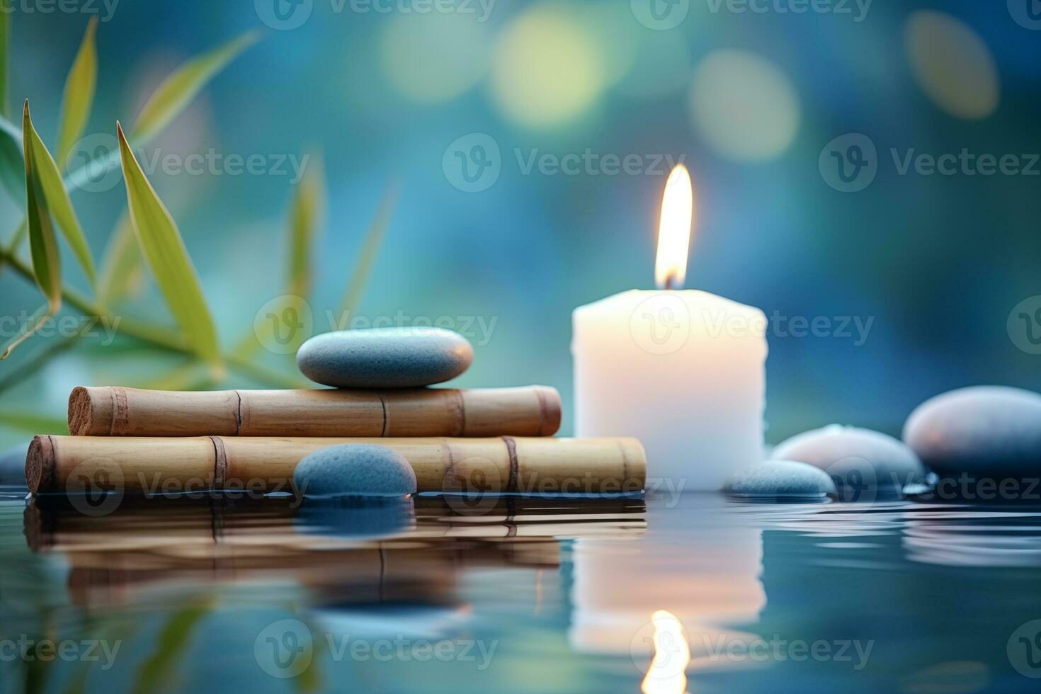 AI Generated Luxurious upscale wellness spa for relaxation with lotus, bamboo and orchid flowers and candles photo