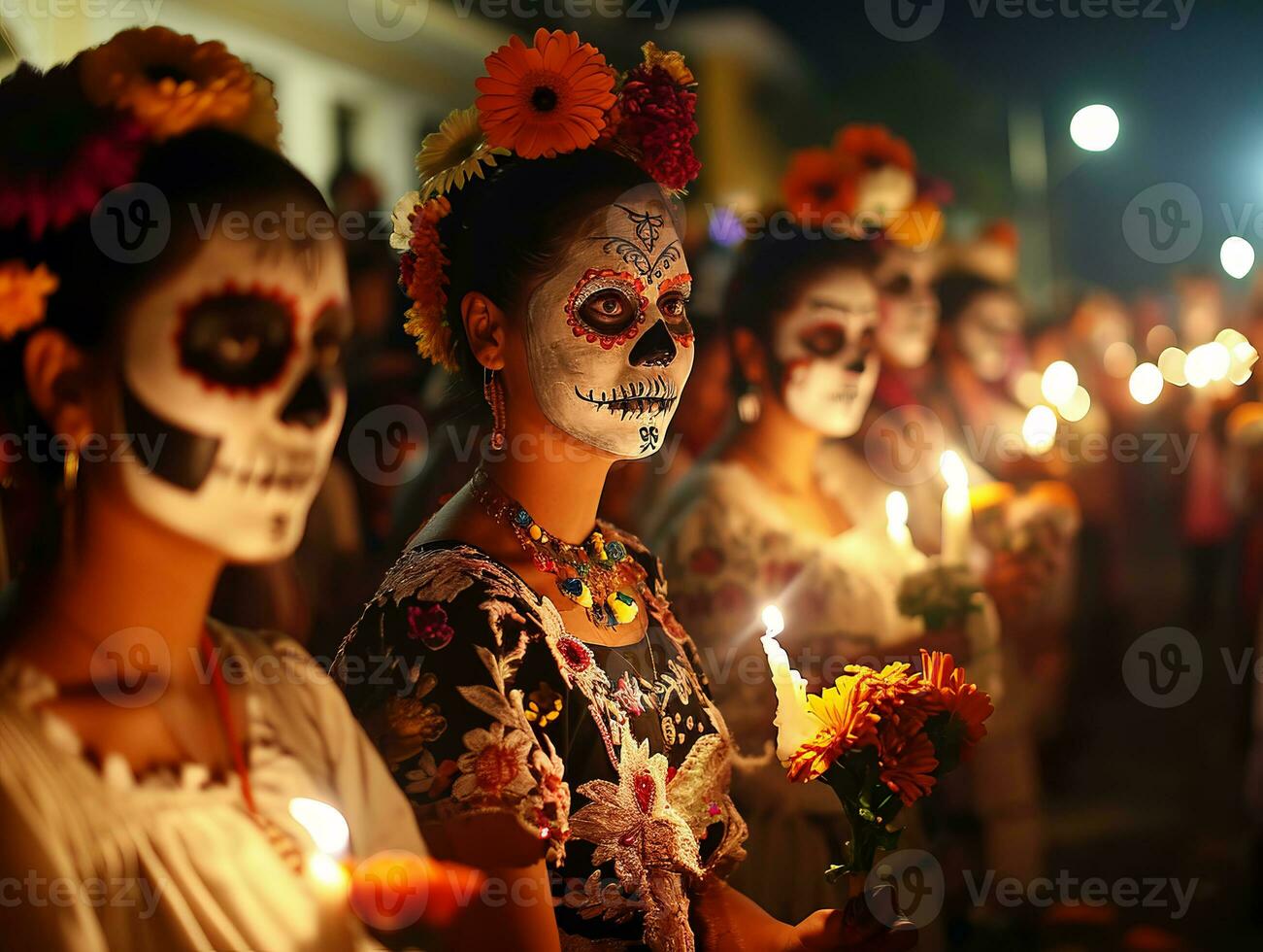 ai generado mexicano fiesta día de el muerto, azteca celebracion cuando familias honor su ancestros foto