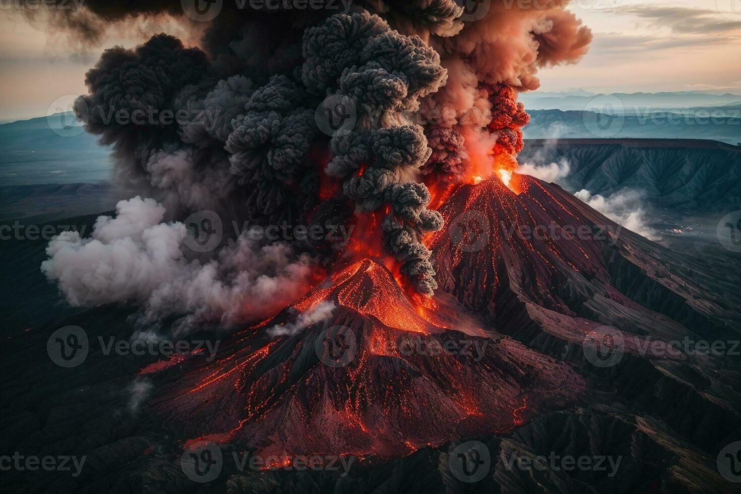 Dangerous volcano fire and lava eruption that leads to emergency and rescue operations photo