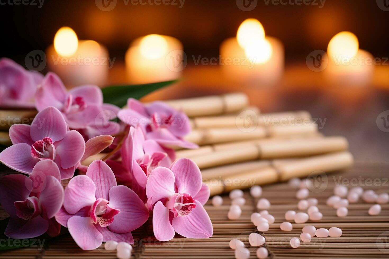 AI Generated Luxurious upscale wellness spa for relaxation with lotus, bamboo and orchid flowers and candles photo