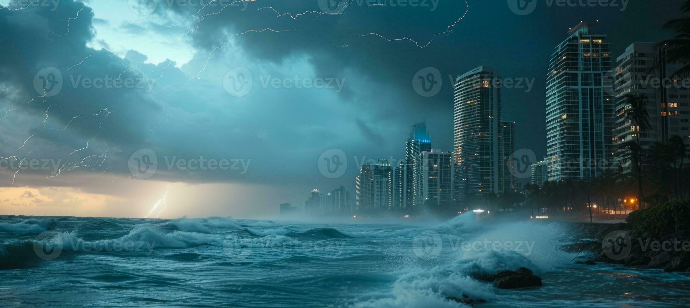 AI generated Hurricane destroys city shore, infrastructure and causing damage and floods photo