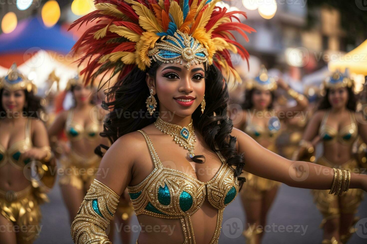 AI generated Barzilian carnival parade in Rio with beautiful ladies dancing samba in feathered costumes photo