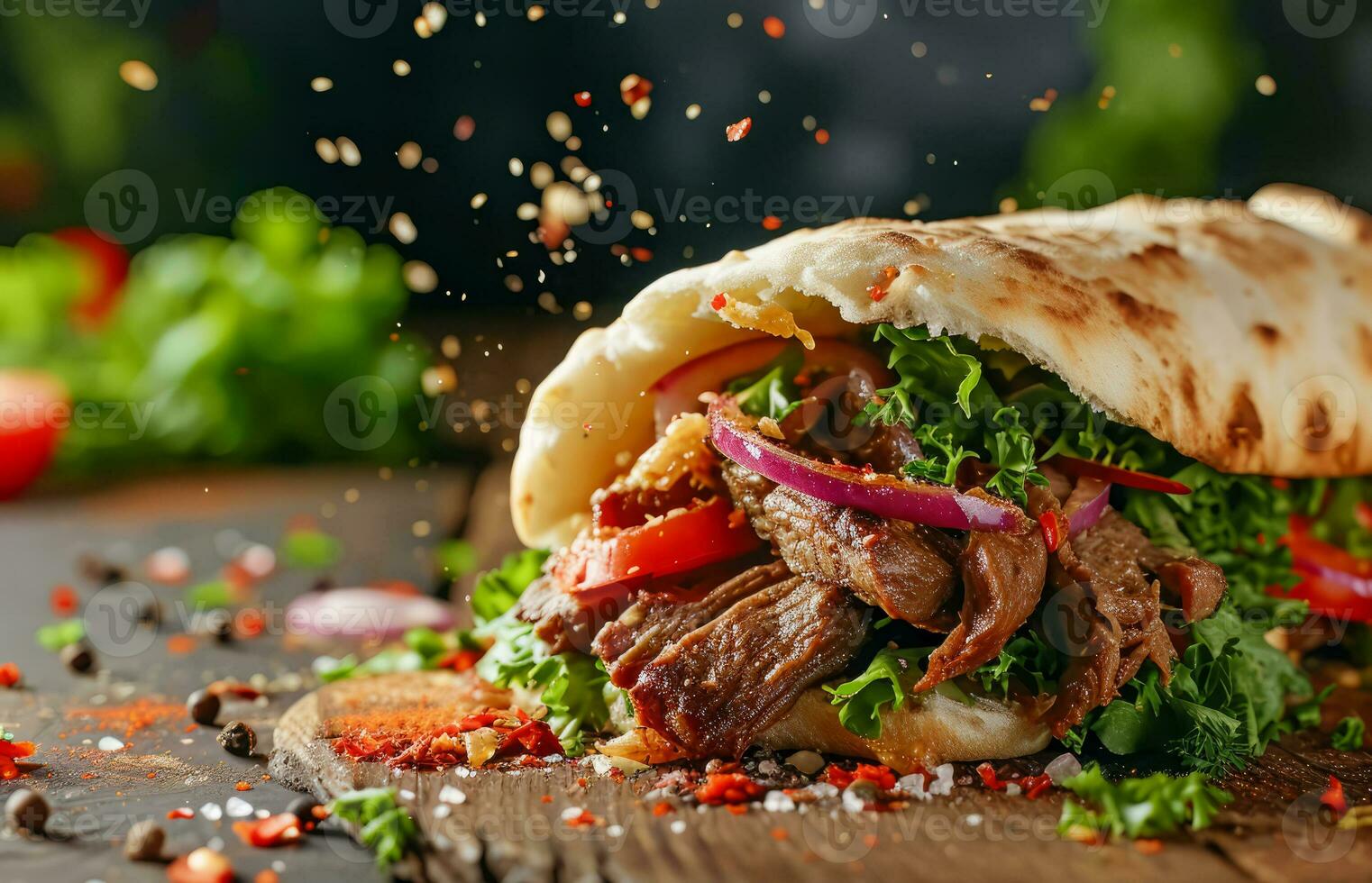 AI generated Fresh tasty beef burger wrap with onion, cheese and vegetables. Junk food and fast food concept photo