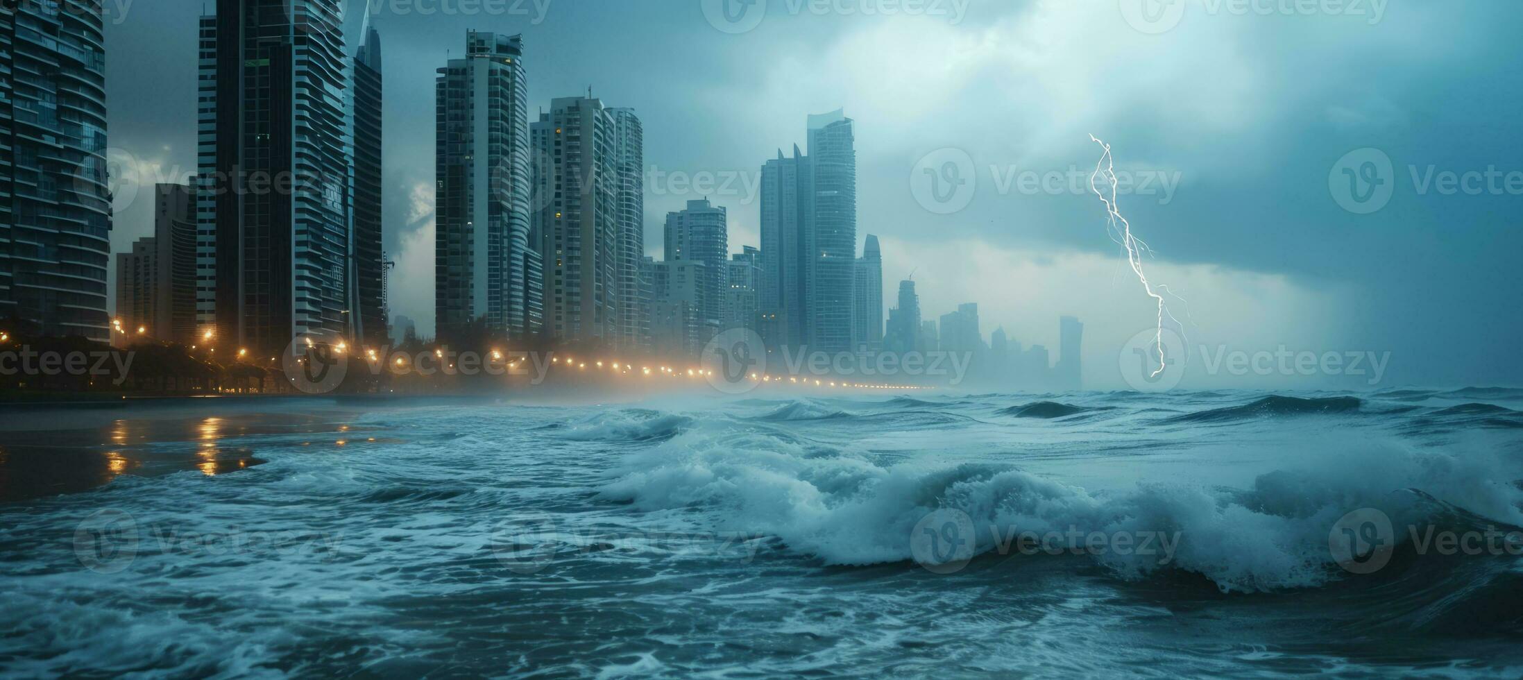 AI generated Hurricane destroys city shore, infrastructure and causing damage and floods photo
