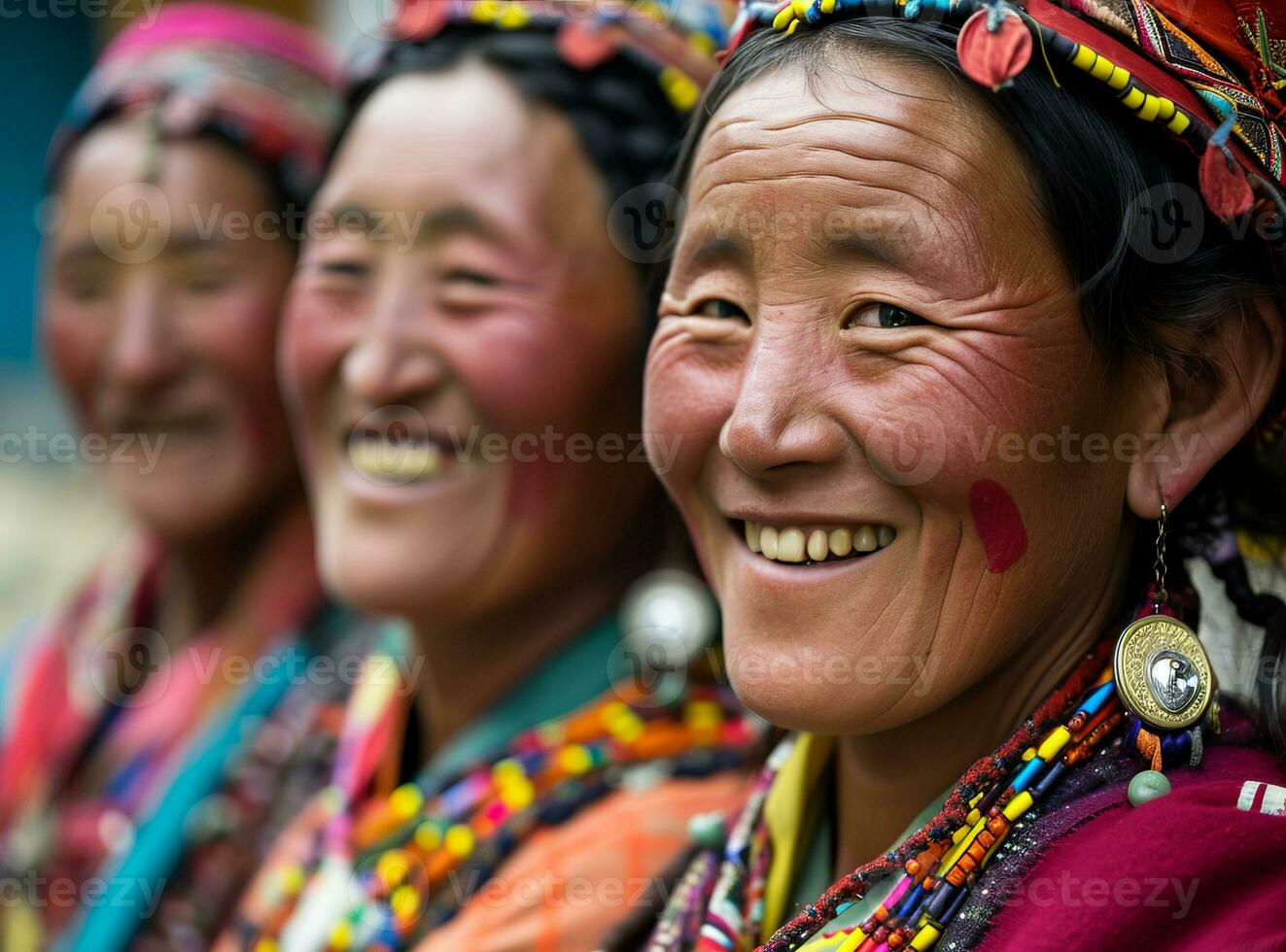 AI generated Smiling native indigenous people of Tibet dressed in colorful native clothes photo