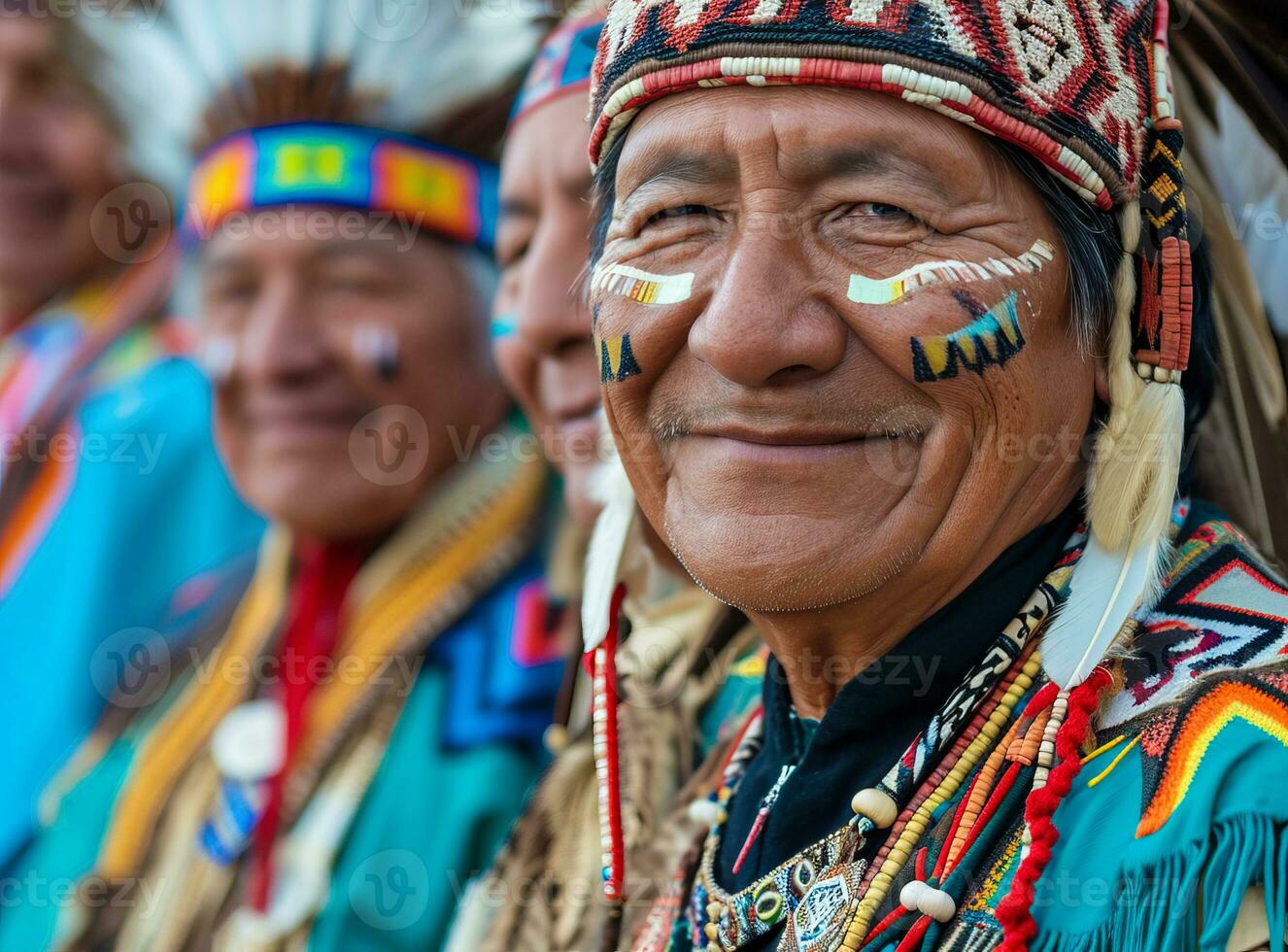 ai generado sonriente nativo indígena personas de EE.UU, nativo americanos vestido en vistoso nativo ropa foto