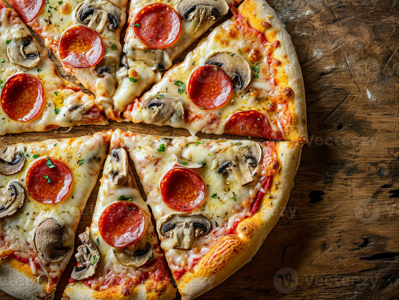 AI generated Slice of delicious tasty Italian pizza on a rustic wood with cheese and pepperoni toppings photo