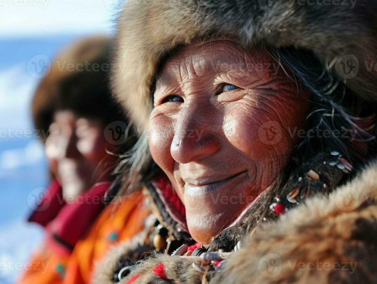 AI generated Smiling native Inuit indigenous people of Greenland dressed in colorful native clothes photo