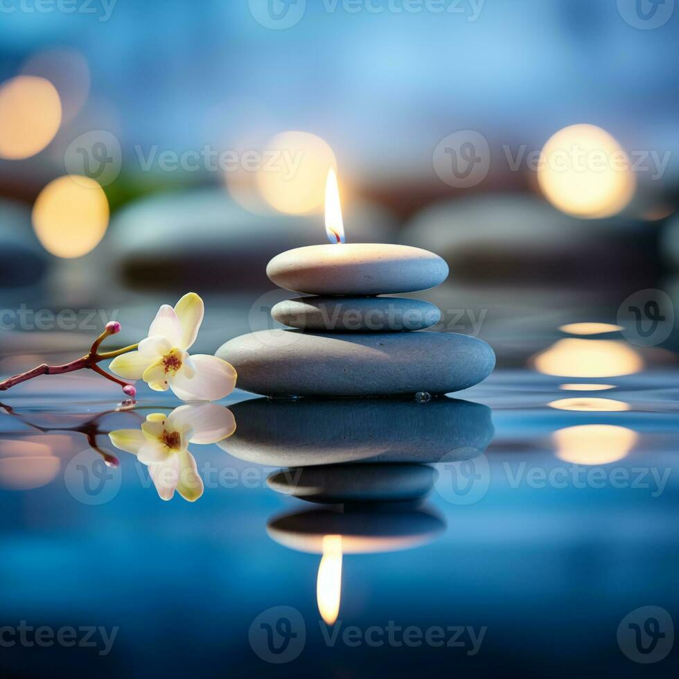AI Generated Luxurious upscale wellness spa for relaxation with lotus, bamboo and orchid flowers and candles photo
