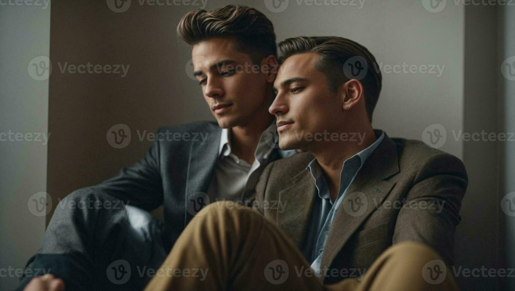 contento gay lgbtq mismo sexo Pareja demostración amor y afecto a cada otro foto