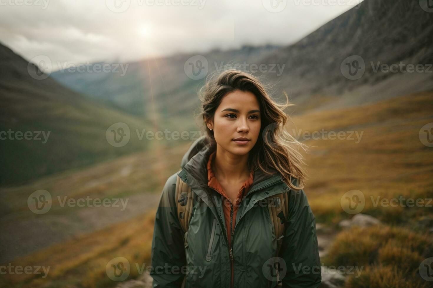 AI generated Sporty fit young diverse woman athlete running on a mountain trek with sun in the background photo