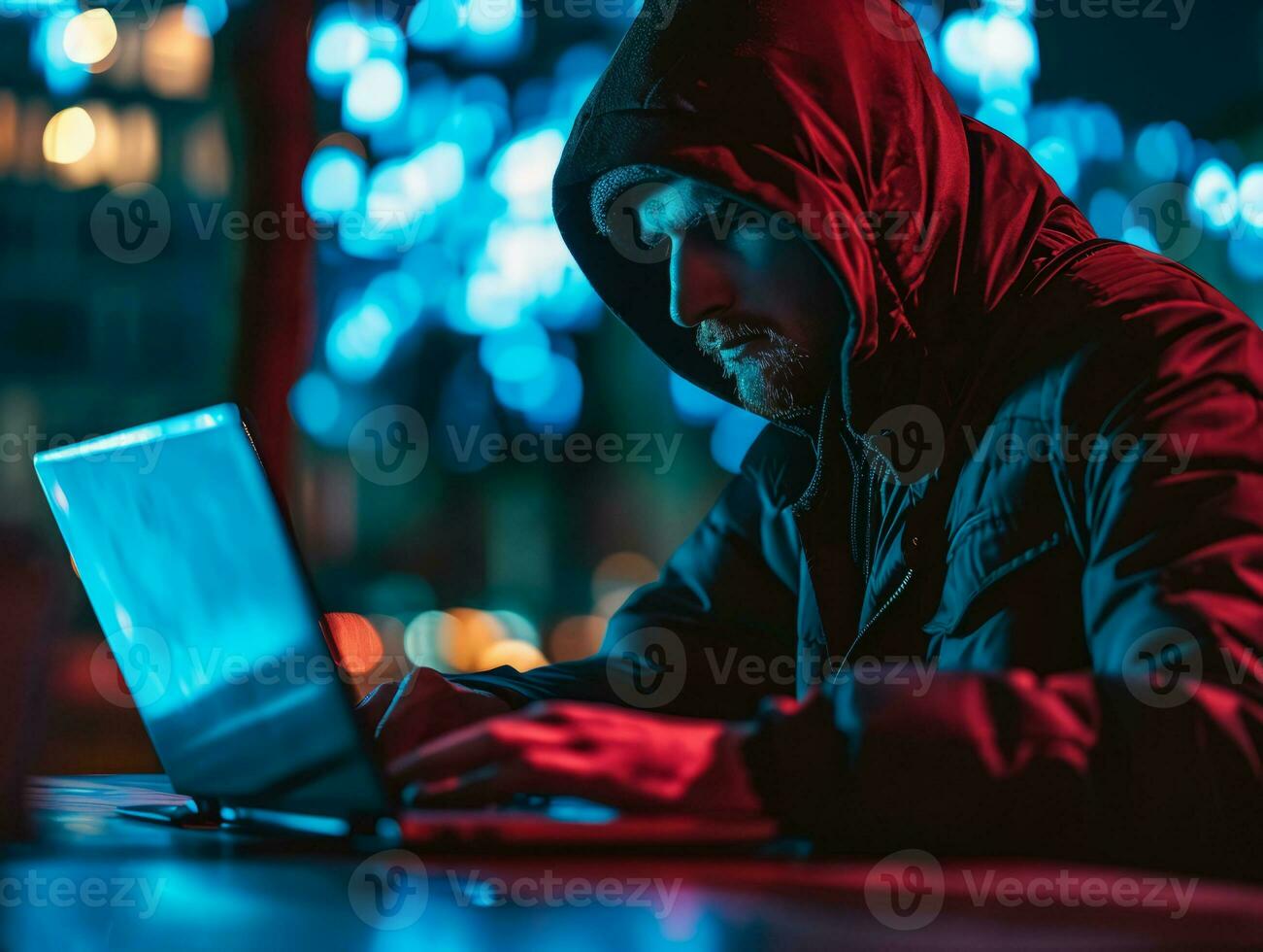 AI generated Hacker breaching security of banking corporate network engaging in DOS attacks and planting viruses photo