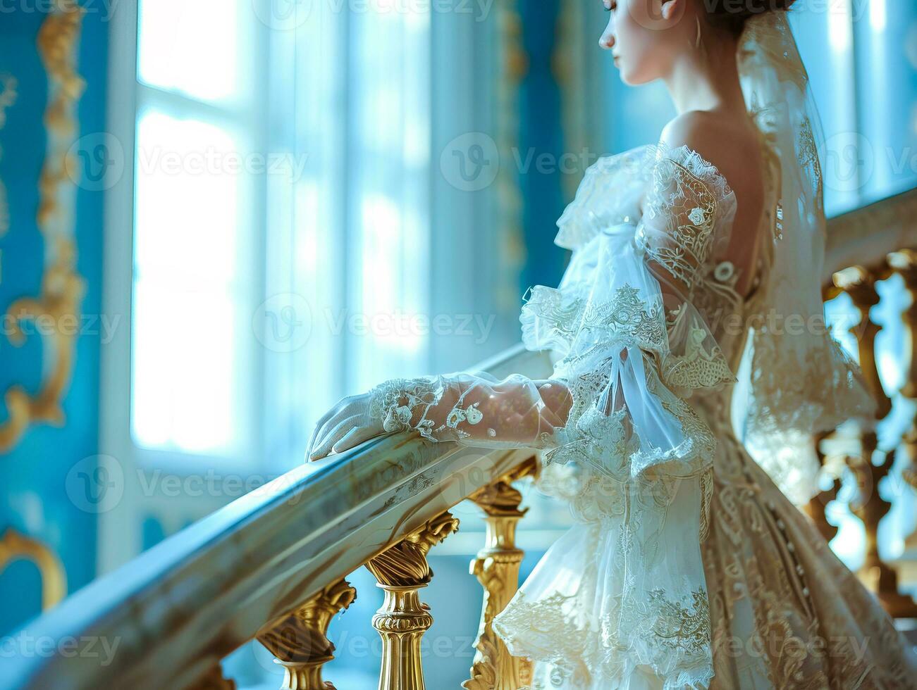 AI generated Happy young elegant bride in luxury dress and luxury setting waiting for wedding ceremony to begin photo