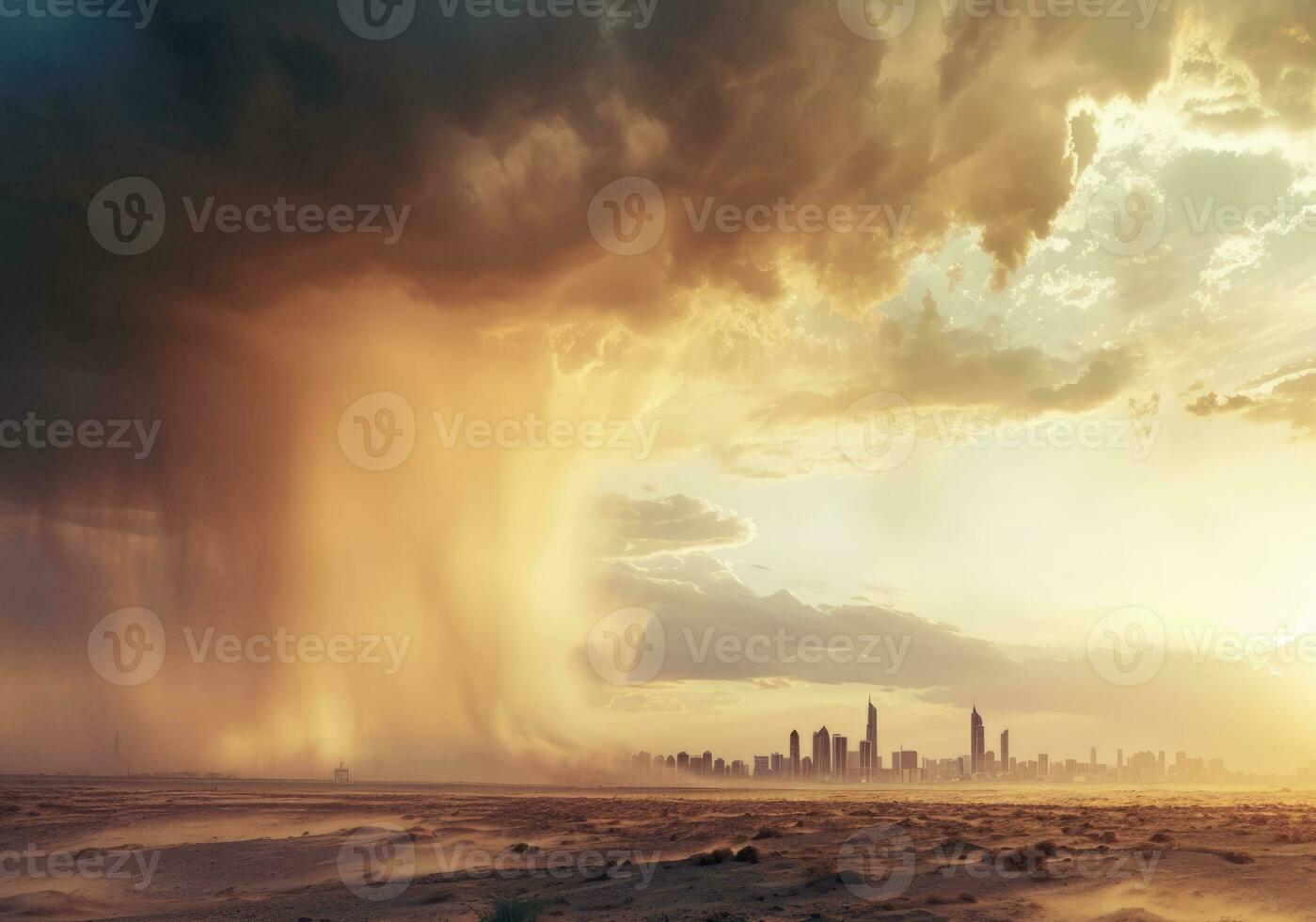 AI generated Desert sand storm bringing dust over the city engulfs it in darkness, eco catastrophe photo