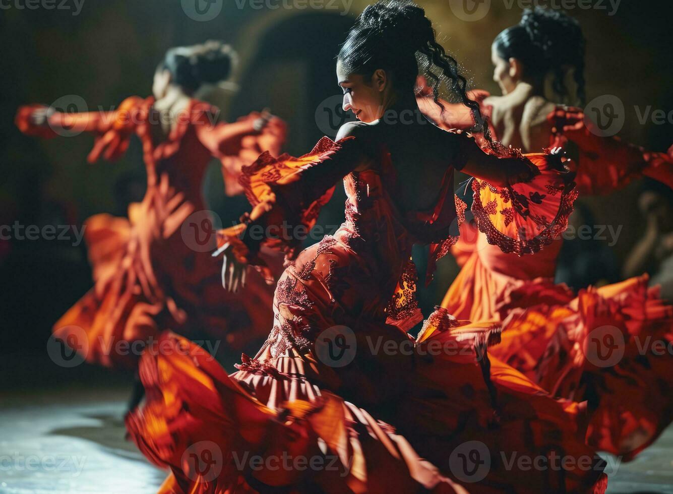 ai generado apasionado Español gitano nacional cultura danza flamenco realizado por un hembra bailarín foto