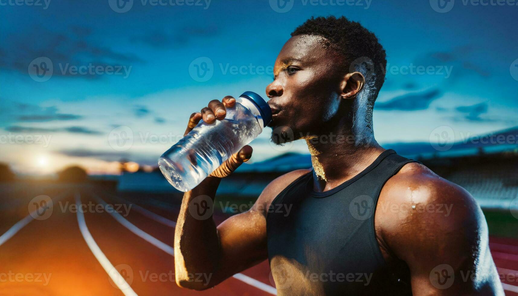 AI Generated A powerful black athlete on the running race track, showcasing strength, speed and fitness photo