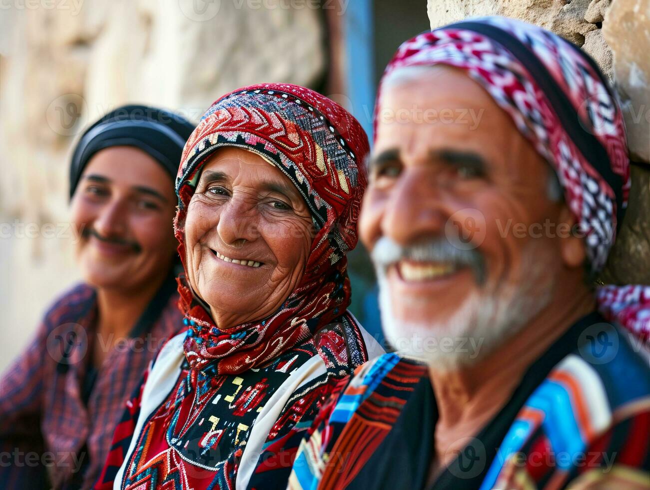 AI generated Smiling native indigenous people of Palestine dressed in colorful keffiyeh photo