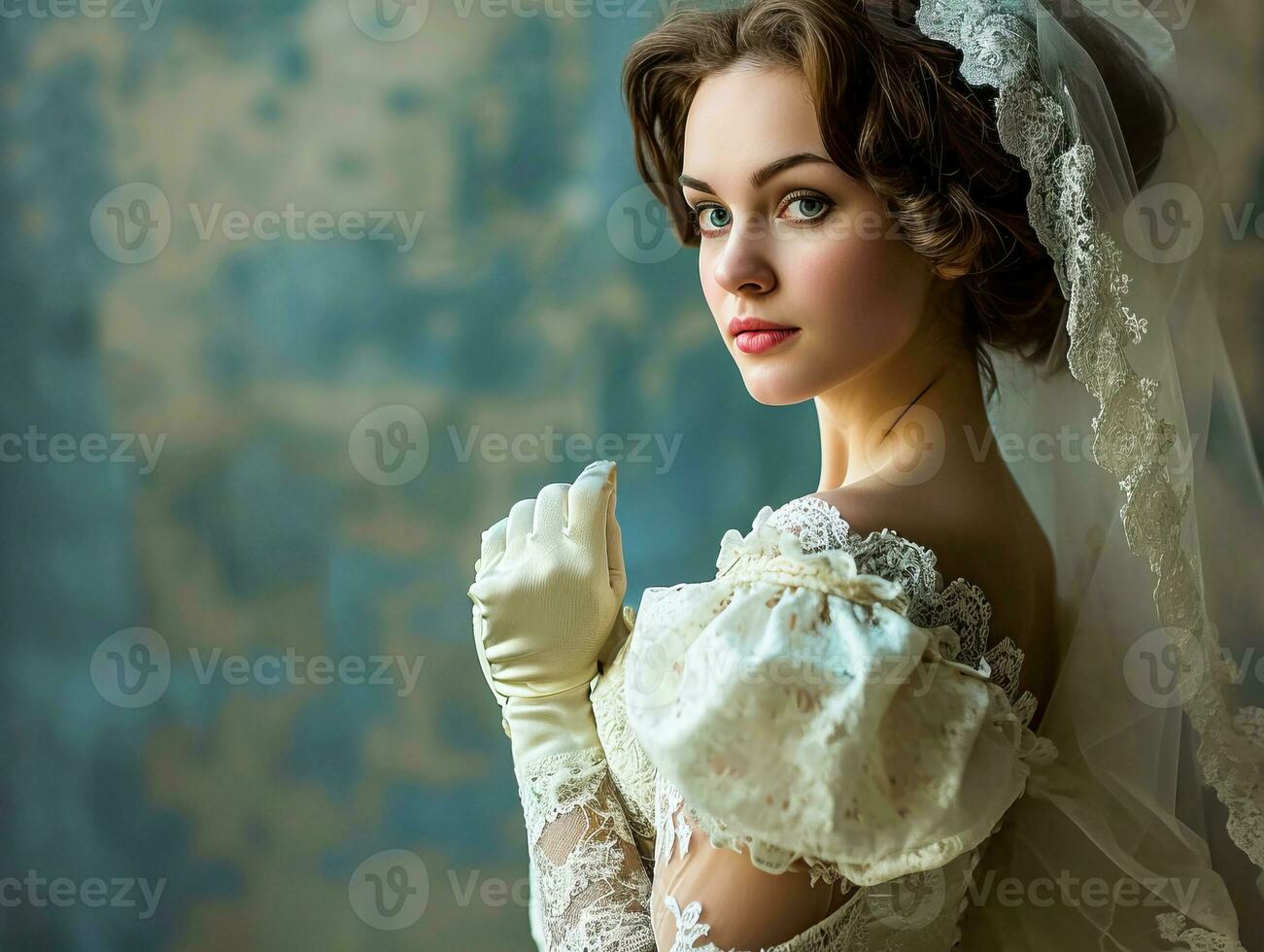AI generated Happy young elegant bride in luxury dress and luxury setting waiting for wedding ceremony to begin photo
