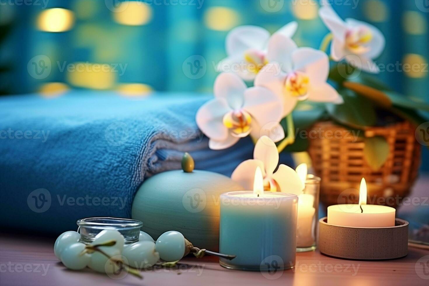 AI Generated Luxurious upscale wellness spa for relaxation with lotus, bamboo and orchid flowers and candles photo