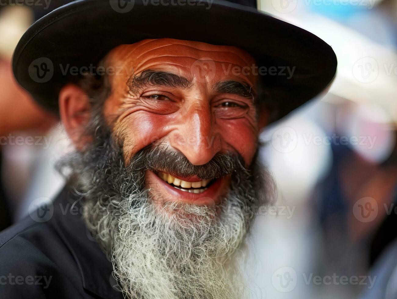 ai generado sonriente judios judío ortodoxo hombres vestido en negro ropa y sombreros foto