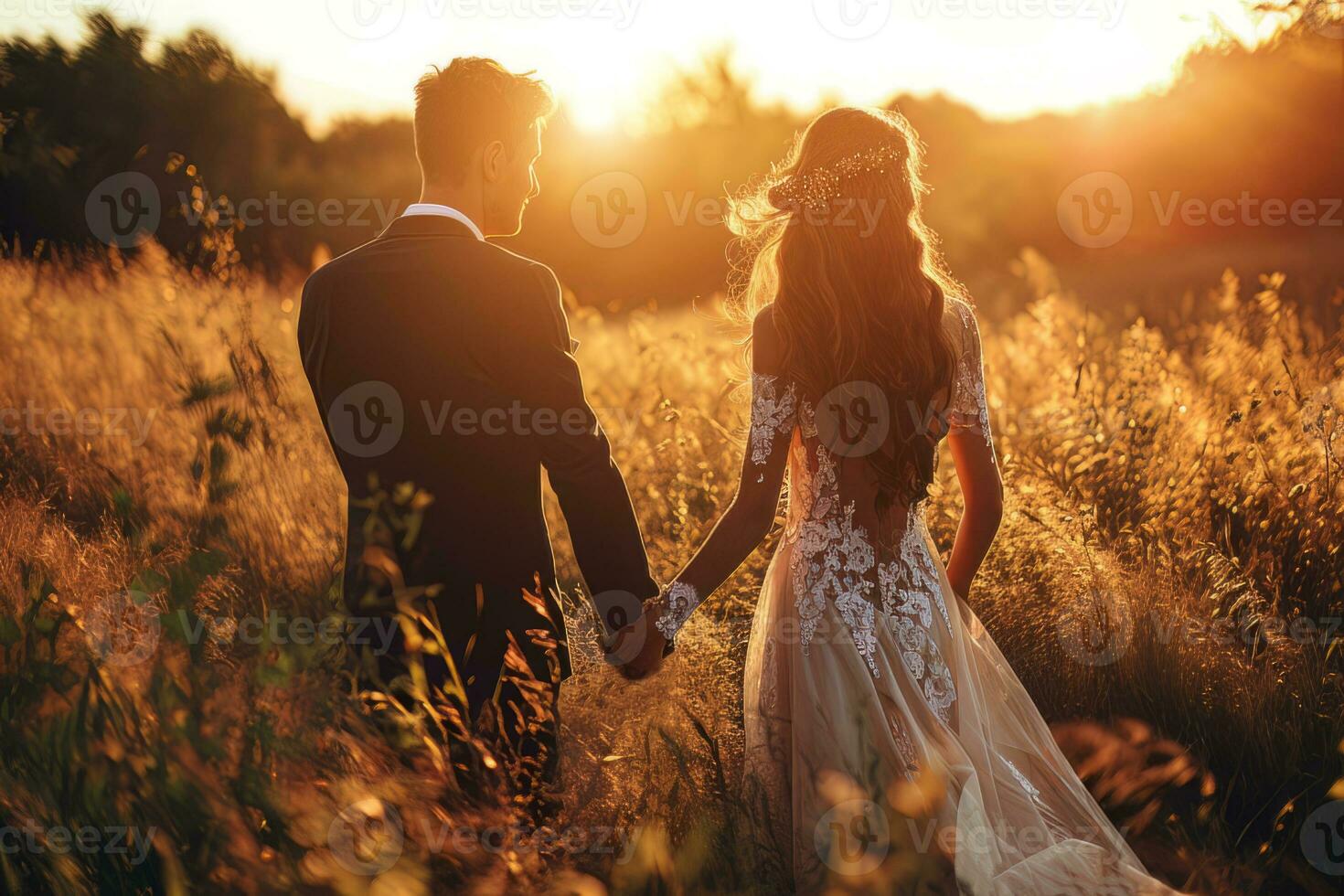 ai generado cariñoso romántico Pareja abrazando a puesta de sol durante Luna de miel en Boda vestir foto