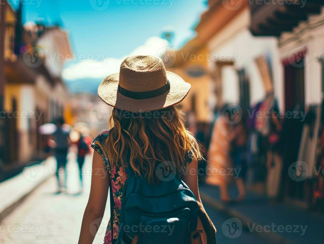 AI generated Younge female traveler on the streets of Cuzco, Peru, discovering historic center and landmarks photo