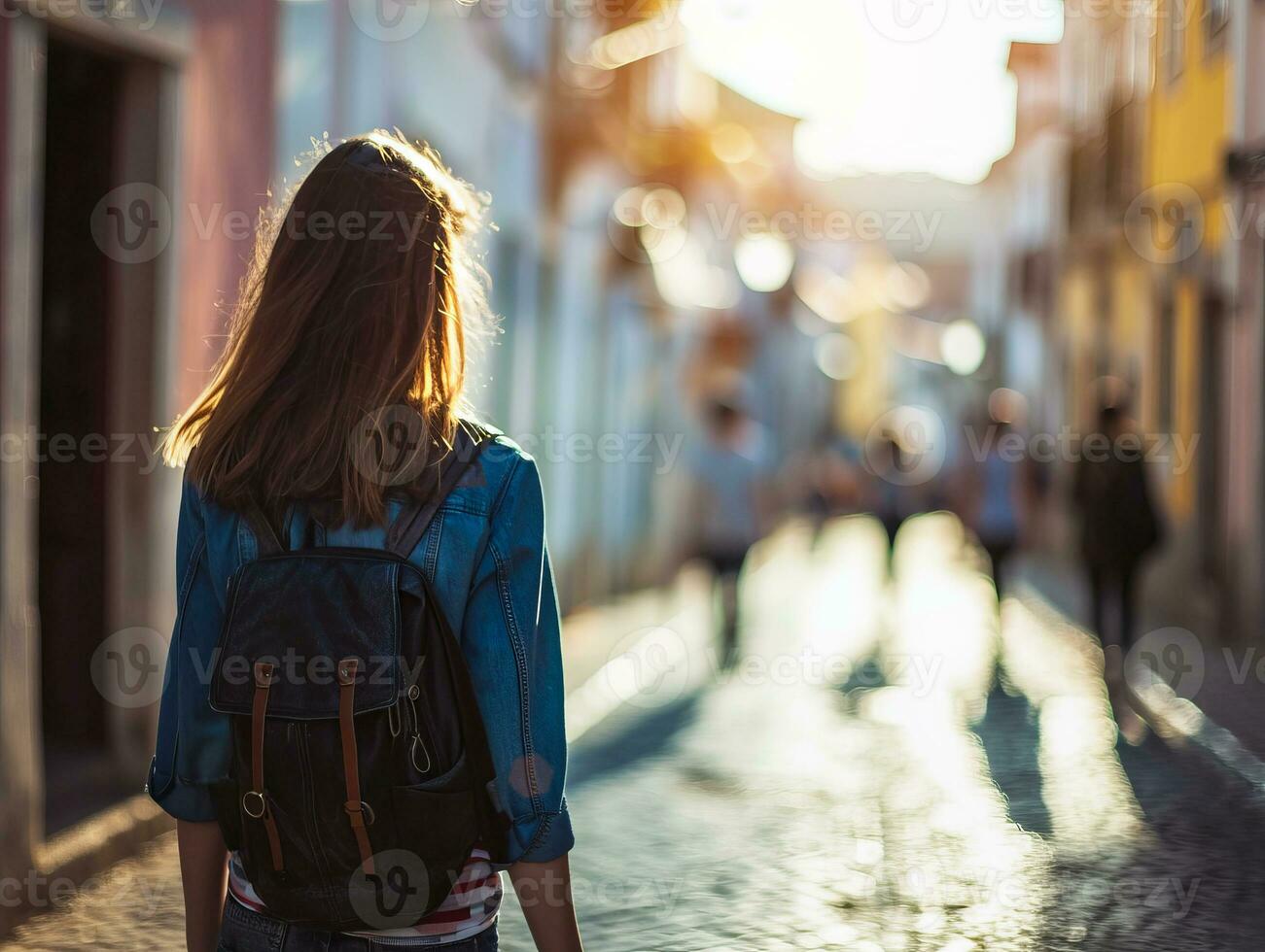 AI generated Younge female traveler on the streets of Lisbon, Portugal, discovering historic center and landmarks photo