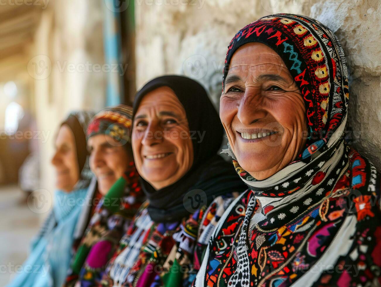 AI generated Smiling native indigenous people of Palestine dressed in colorful keffiyeh photo