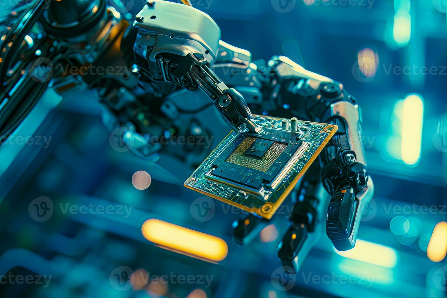 AI generated Futuristic Android robot holding advanced processor chip, a concept of big data and AI photo