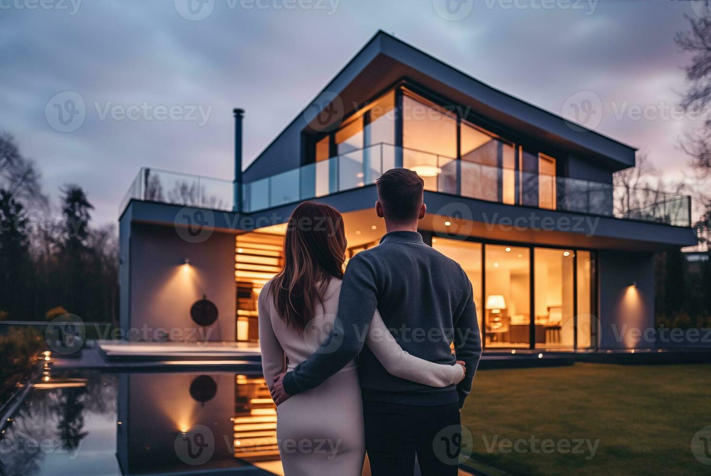 AI generated Happy couple home owners in front of house they bought. Concept of home ownership and happiness photo