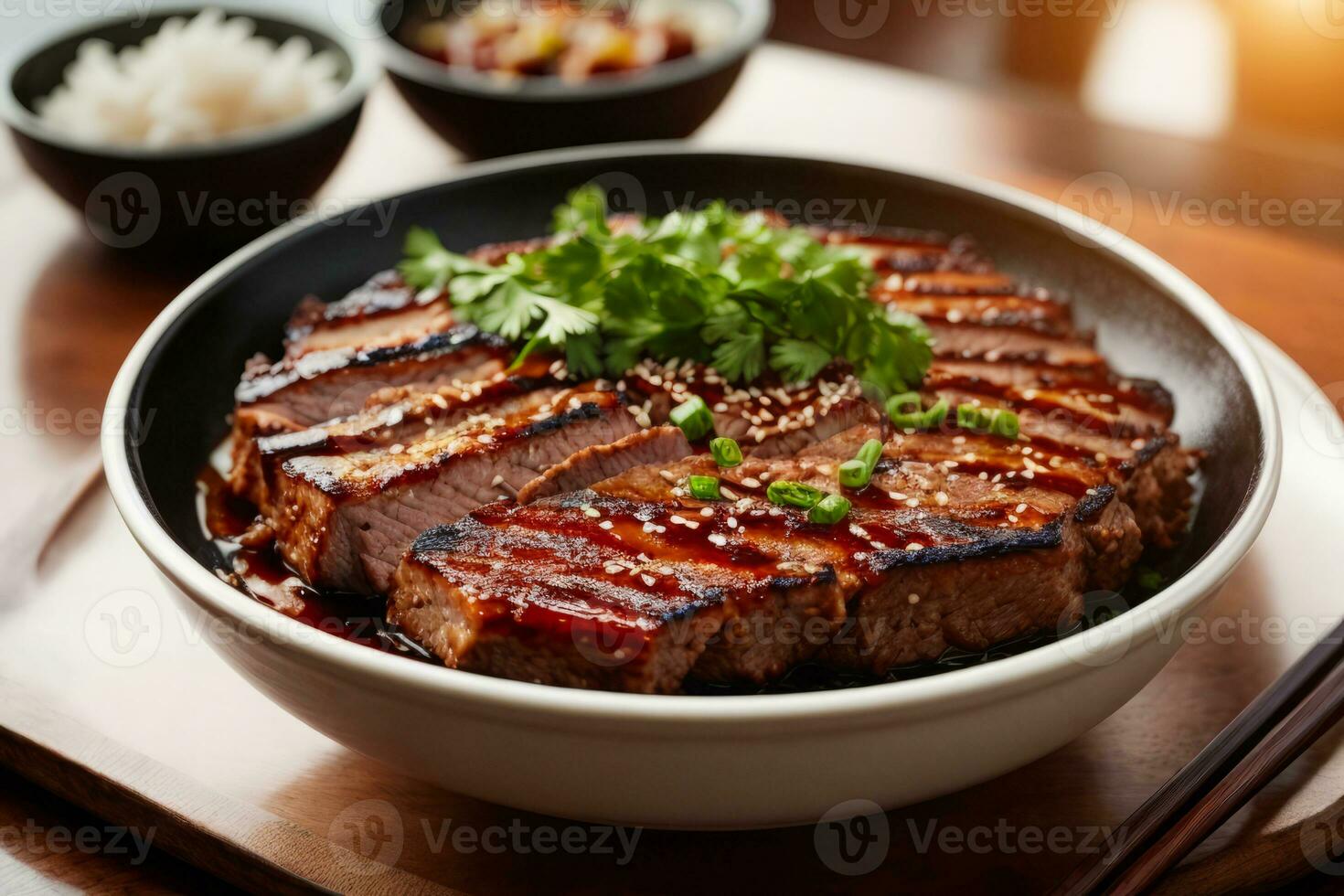 AI generated Delicious steaming korean food meat on a plate with a tasty sauce on top photo