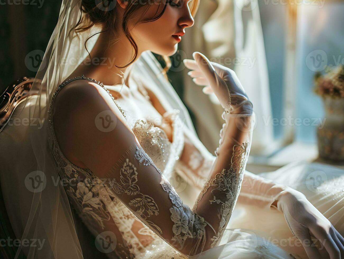 AI generated Happy young elegant bride in luxury dress and luxury setting waiting for wedding ceremony to begin photo