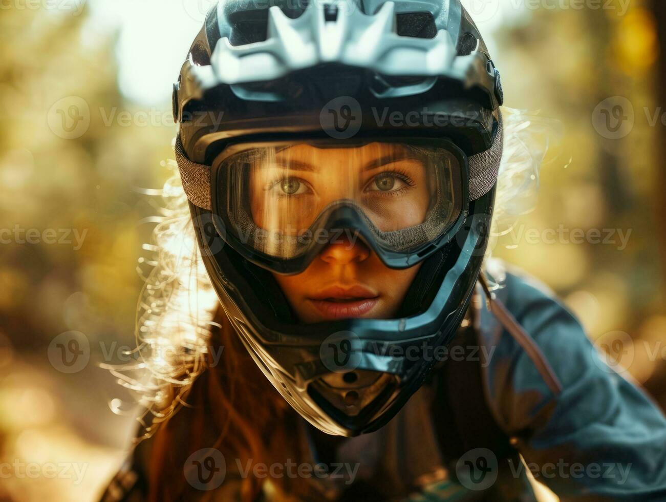 AI generated Yonge lady riding off-road mountain sport bike over extreme rough terrain photo