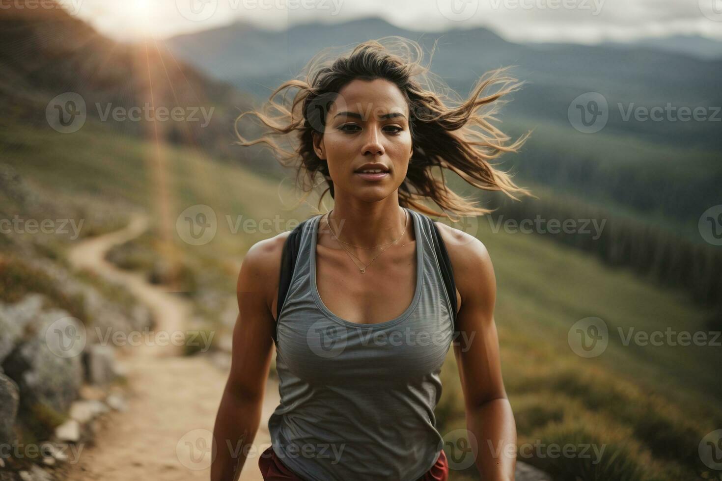 ai generado deportivo ajuste joven diverso mujer atleta corriendo en un montaña emigrar con Dom en el antecedentes foto