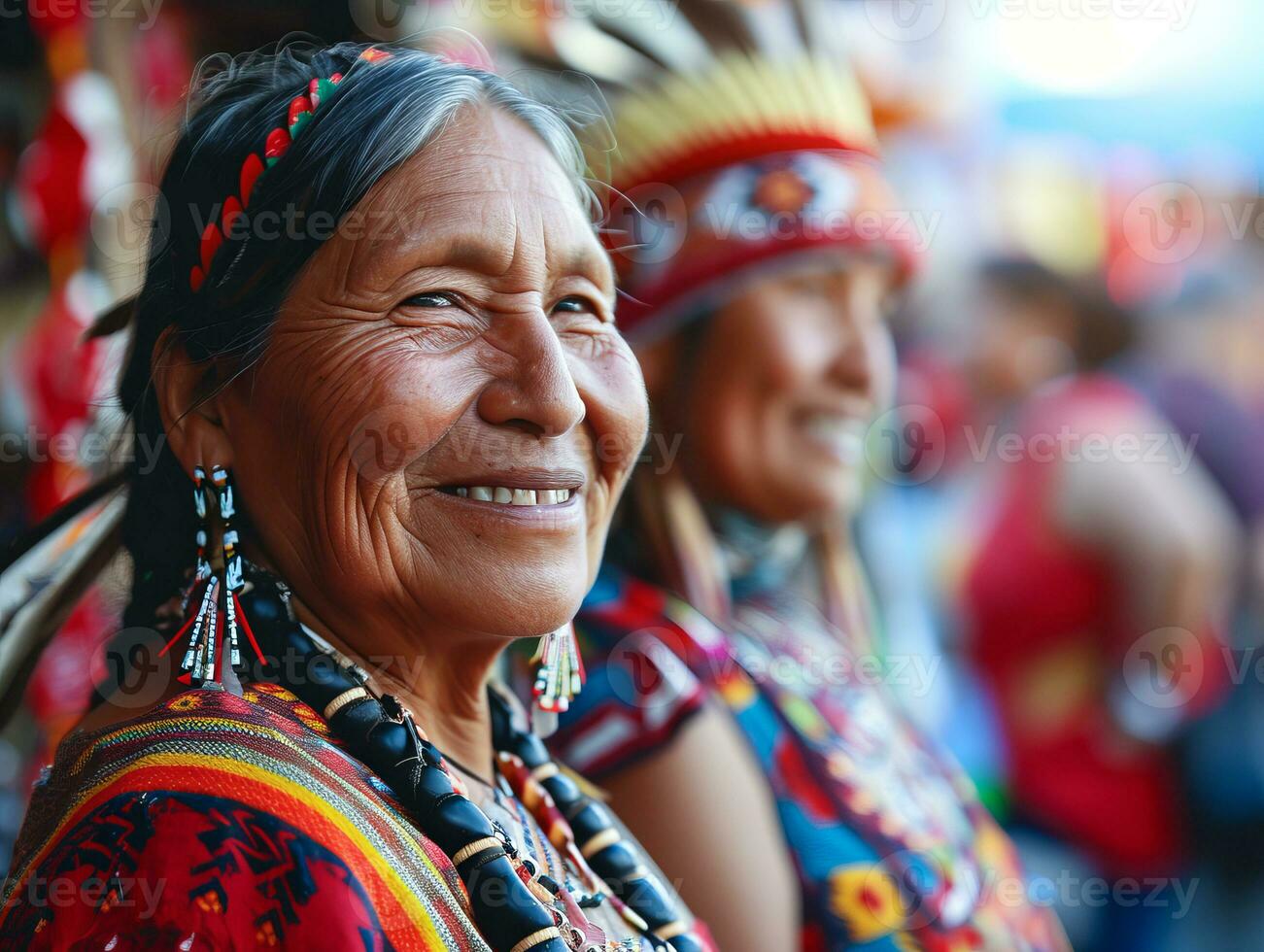 ai generado sonriente nativo indígena personas de Canadá vestido en vistoso nativo ropa foto