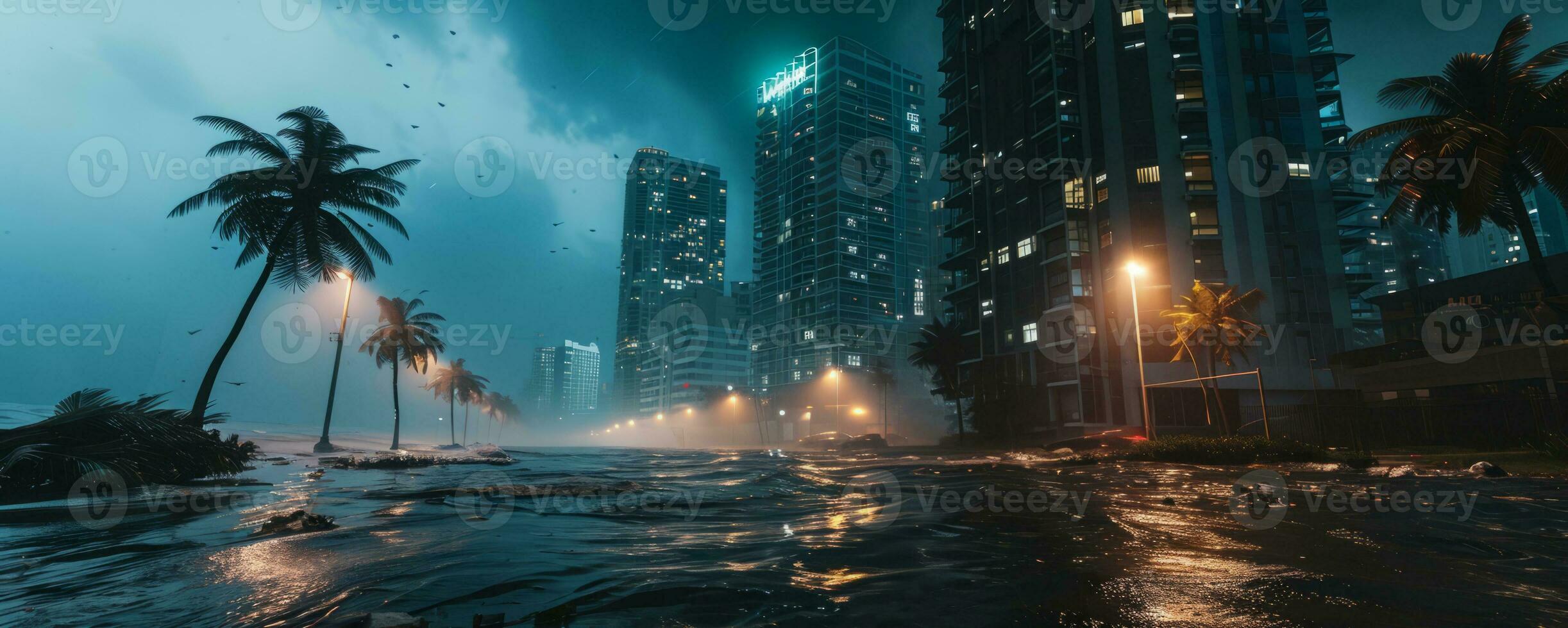 AI generated Hurricane destroys city shore, infrastructure and causing damage and floods photo