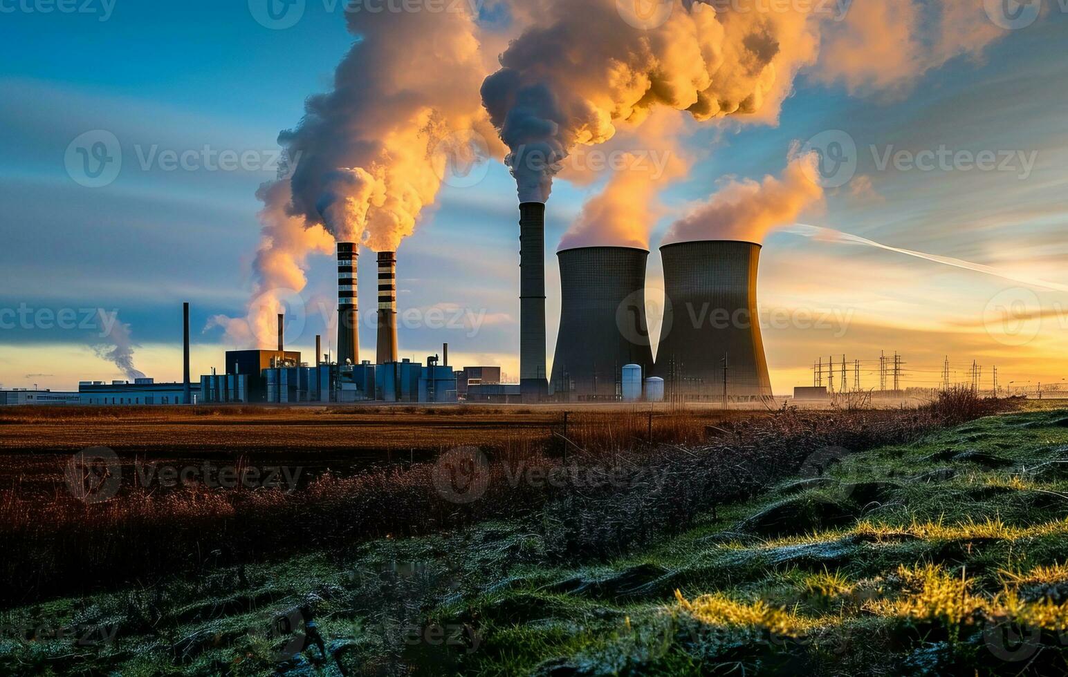 AI generated Industrial factory refinery producing a lot of pollution, plume of smokes polluting ozone layer photo