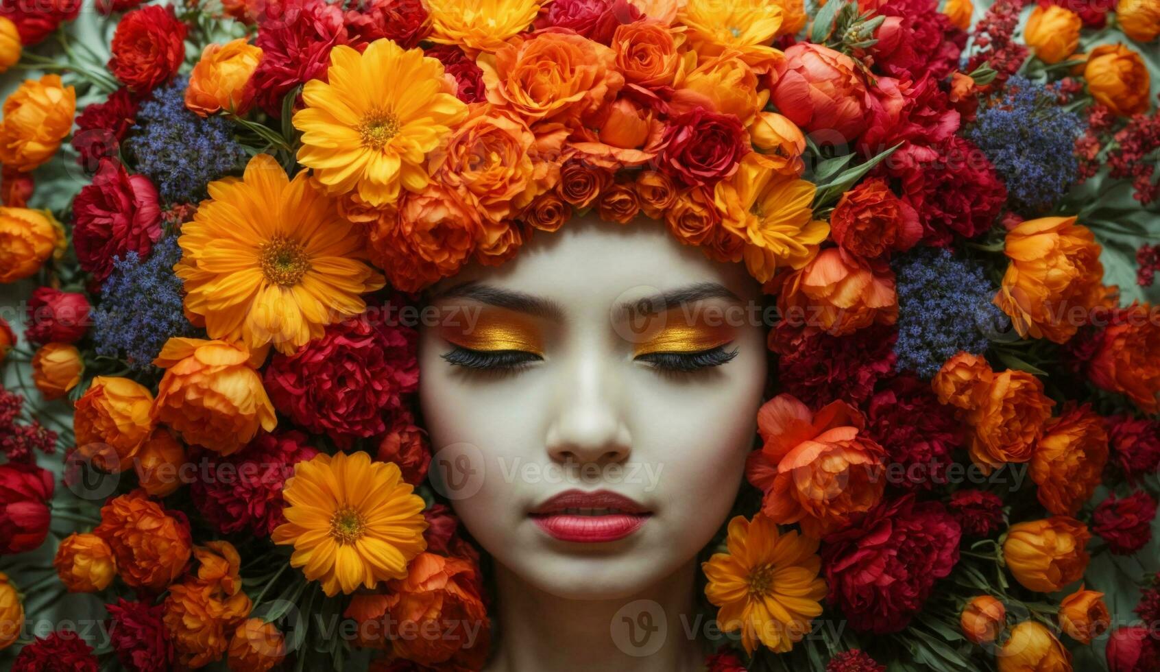 concepto de internacional madre día con flores y contento mujer foto