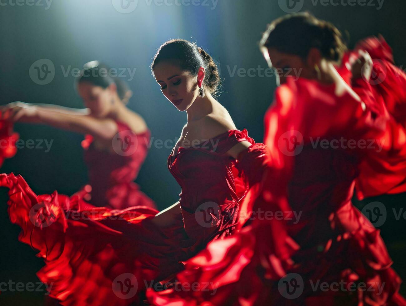 ai generado apasionado Español gitano nacional cultura danza flamenco realizado por un hembra bailarín foto