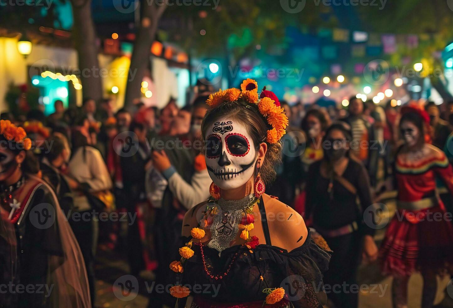 AI generated Mexican holiday Day of the Dead, Aztec celebration when families honor their ancestors photo