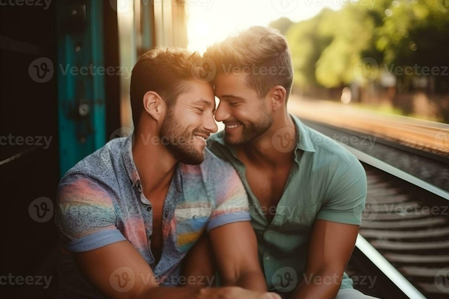 contento gay lgbtq mismo sexo Pareja demostración amor y afecto a cada otro foto