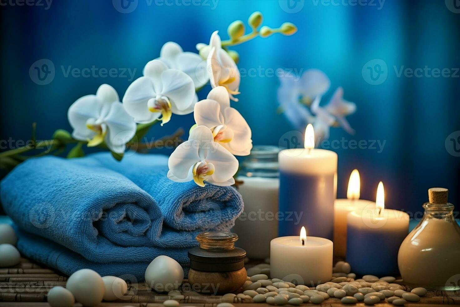 AI Generated Luxurious upscale wellness spa for relaxation with lotus, bamboo and orchid flowers and candles photo