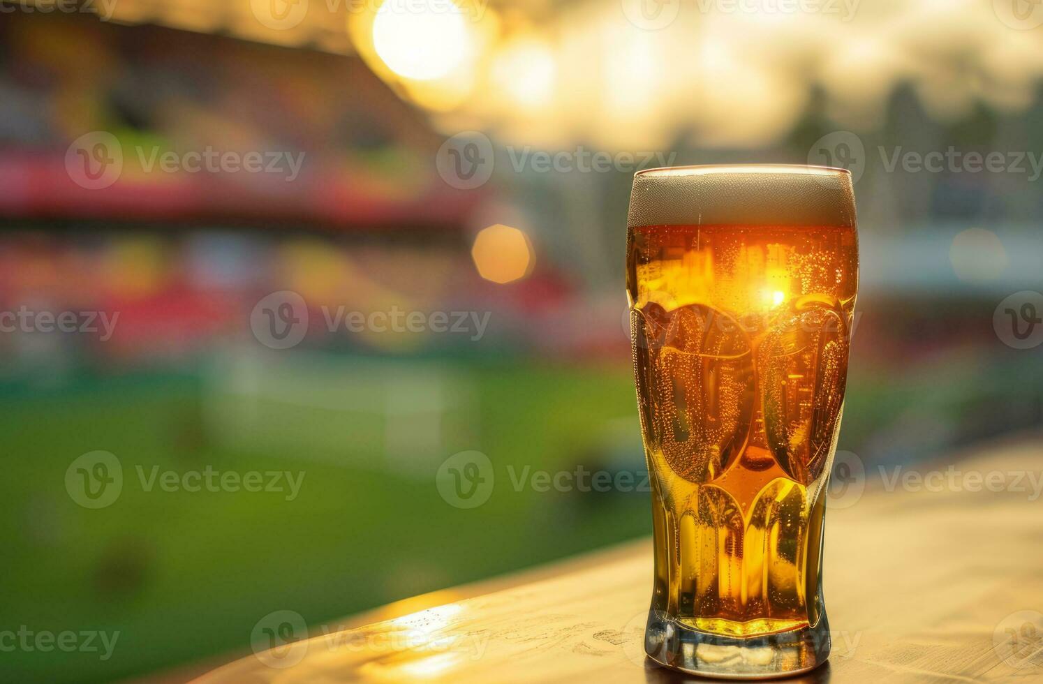 ai generado taza de cerveza en pie en el mesa Listo a ser consumado antes de el deporte juego foto