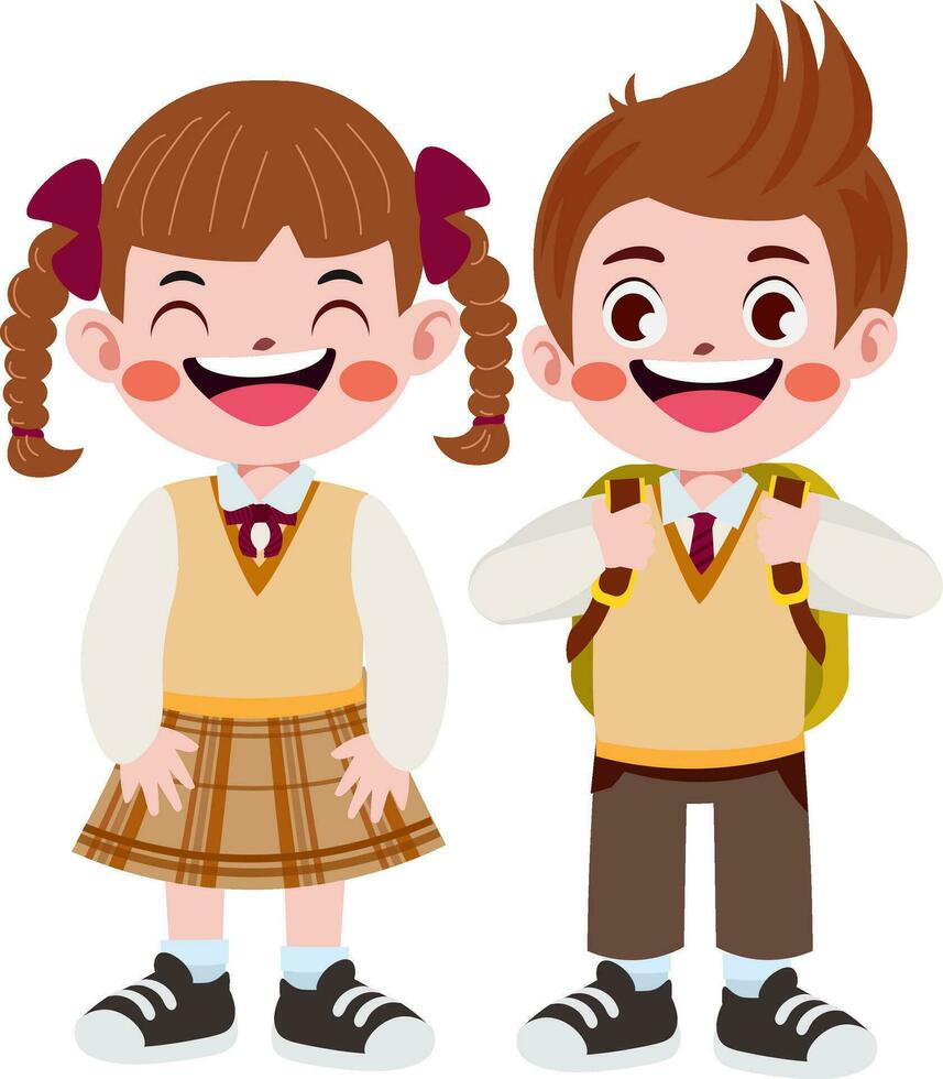 contento linda niños en colegio uniforme dibujos animados estilo vector