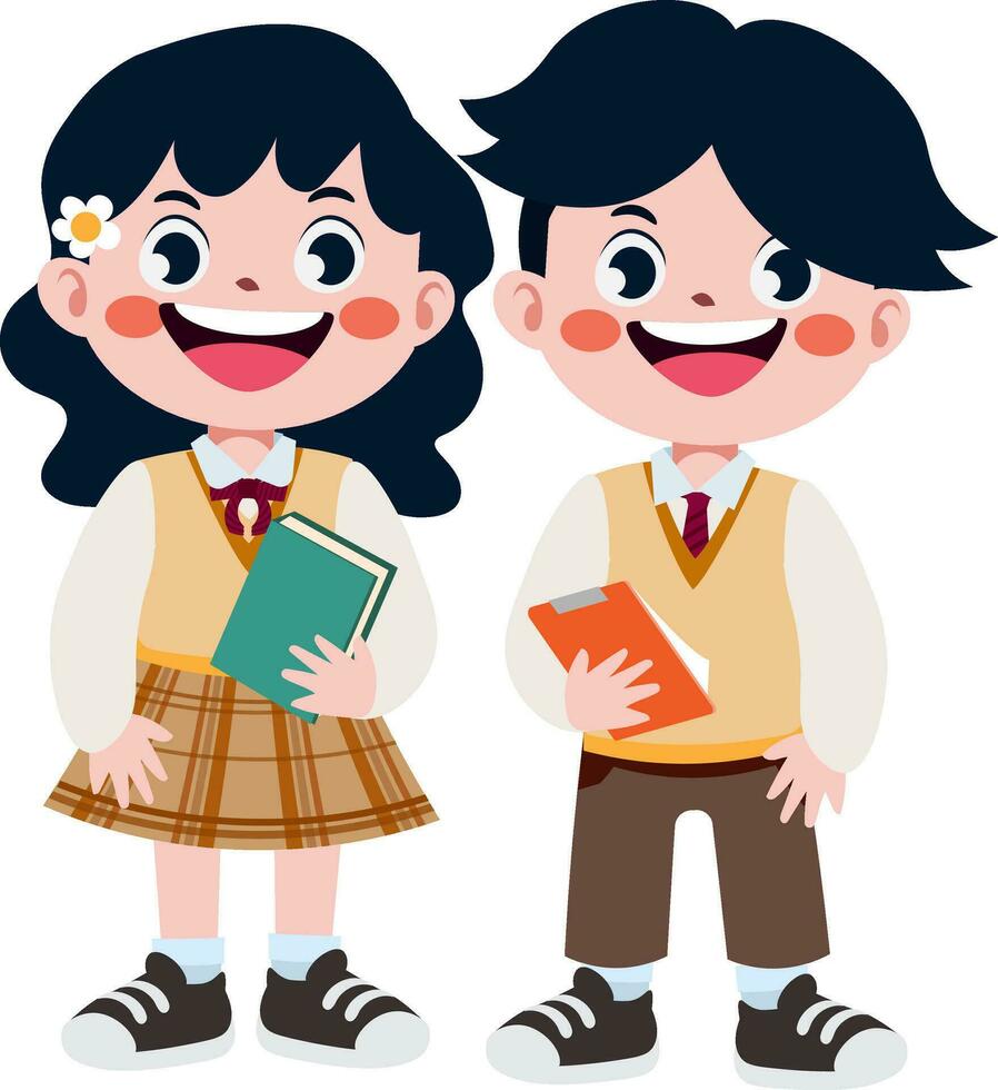contento linda niños en colegio uniforme dibujos animados estilo vector