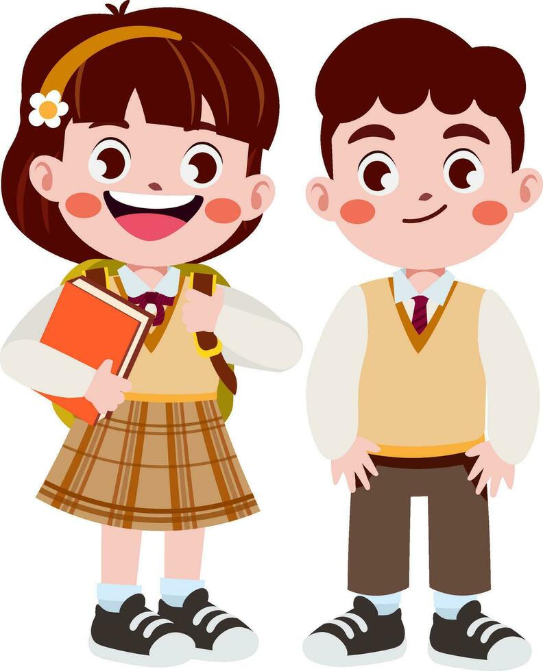 contento linda niños en colegio uniforme dibujos animados estilo vector
