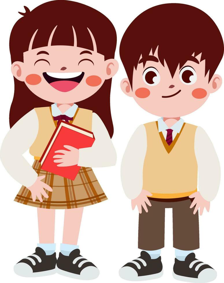 contento linda niños en colegio uniforme dibujos animados estilo vector